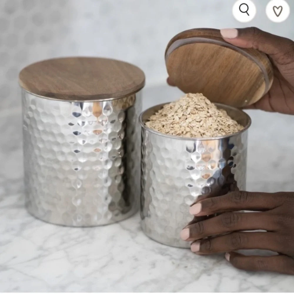 NIB Uncommon James Set of 2 Medium & Large Silver Hammered Canisters Wooden Lids
